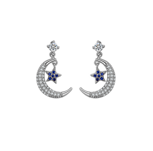 Clear Sapphire CZ Crystal Moon Star Earrings
