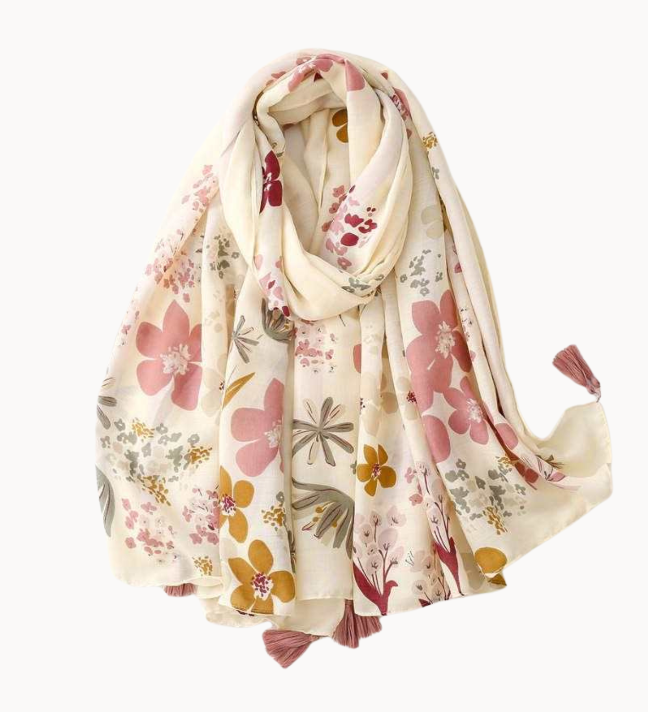 Ivory and Dusty Rose Vintage Floral Scarf with Tassel