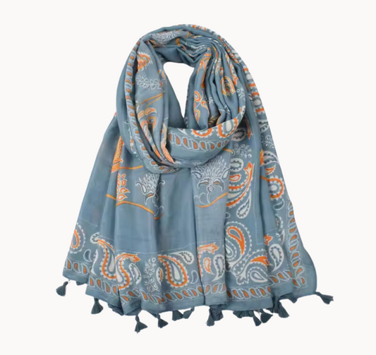Steel Blue and Tangerine Paisley Scarf with Tassels