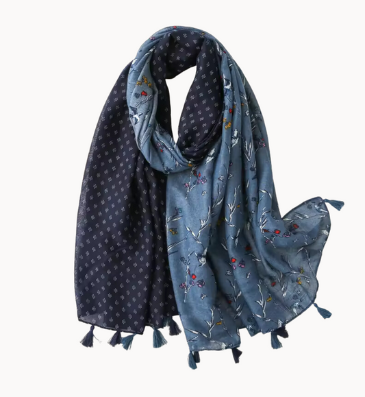 Navy and Jean Blue Branch and Bird Scarf with Tassels