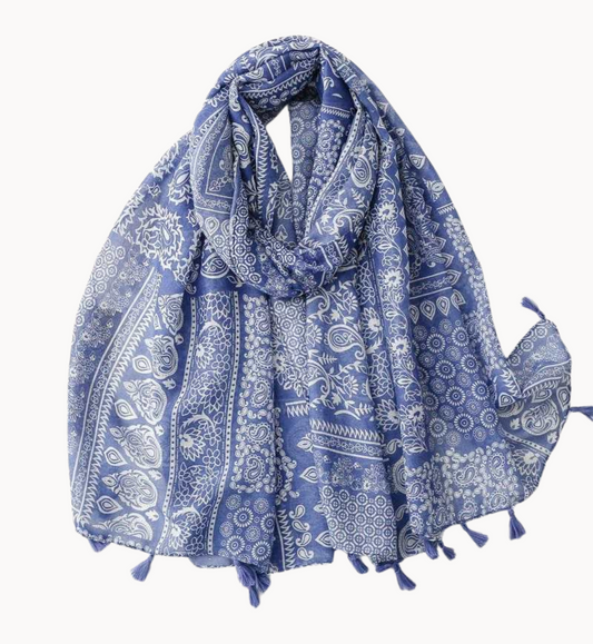 Blue and White Paisley Scarf with Tassels