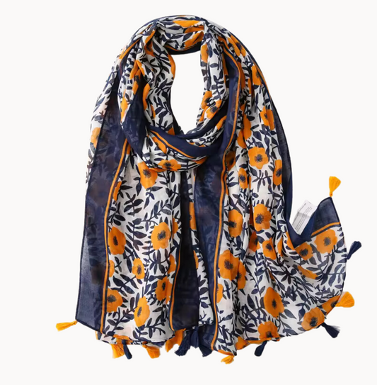Yellow and Navy Poppy Scarf with Tassels