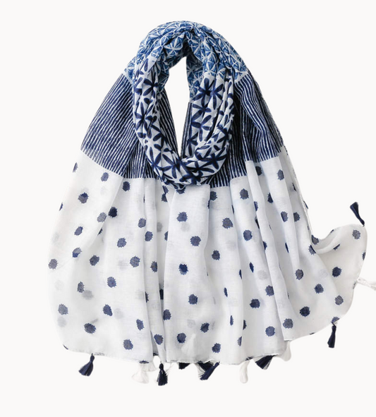 Geometric and Navy Dot Scarf with Tassels