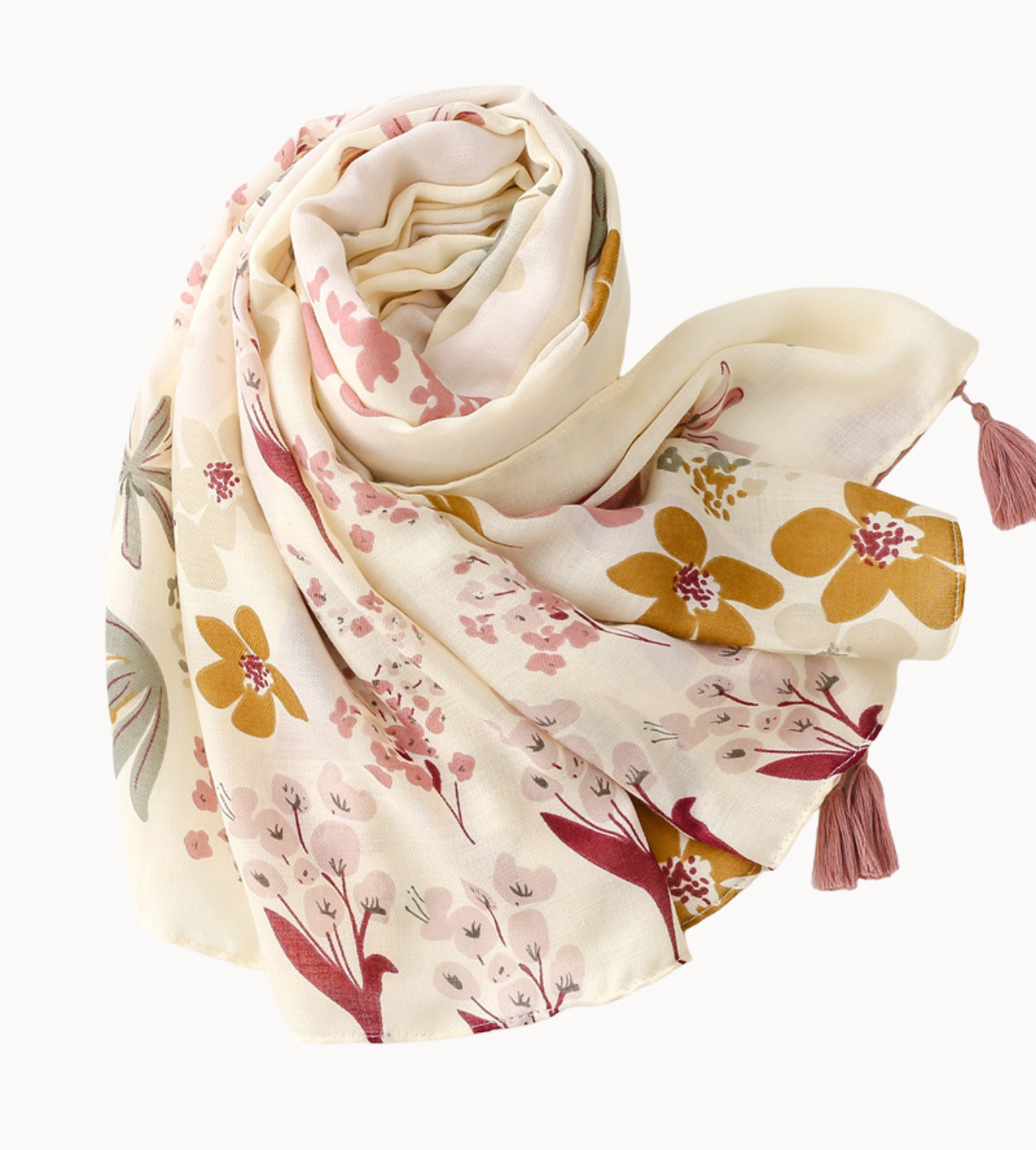 Ivory and Dusty Rose Vintage Floral Scarf with Tassel