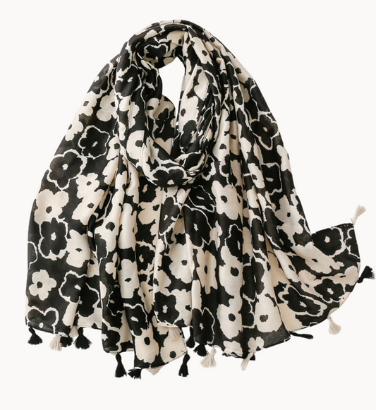 Black and White Floral Scarf with Tassels- Don't AsK