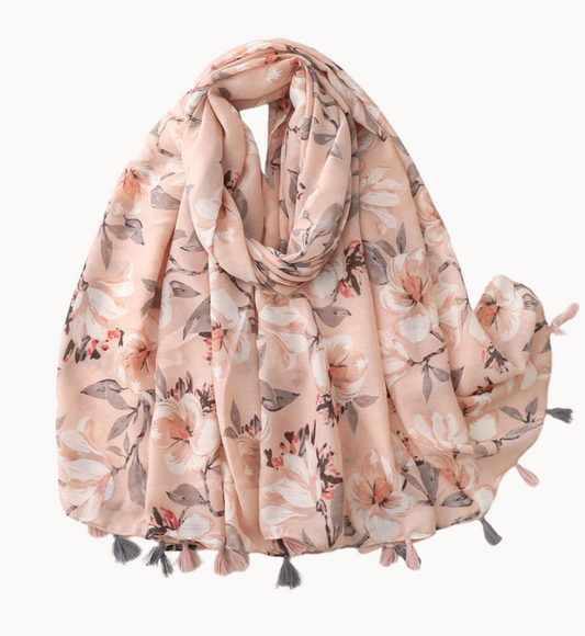 Rose and Grey Blossom Scarf with Tassels