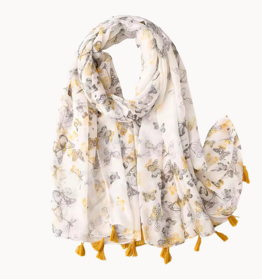 Grey and Yellow Butterfly Scarf with Tassels