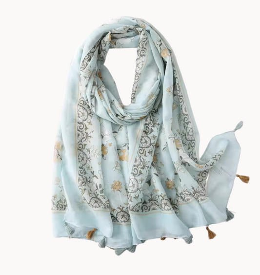 Mint Floral Scarf with Tassels