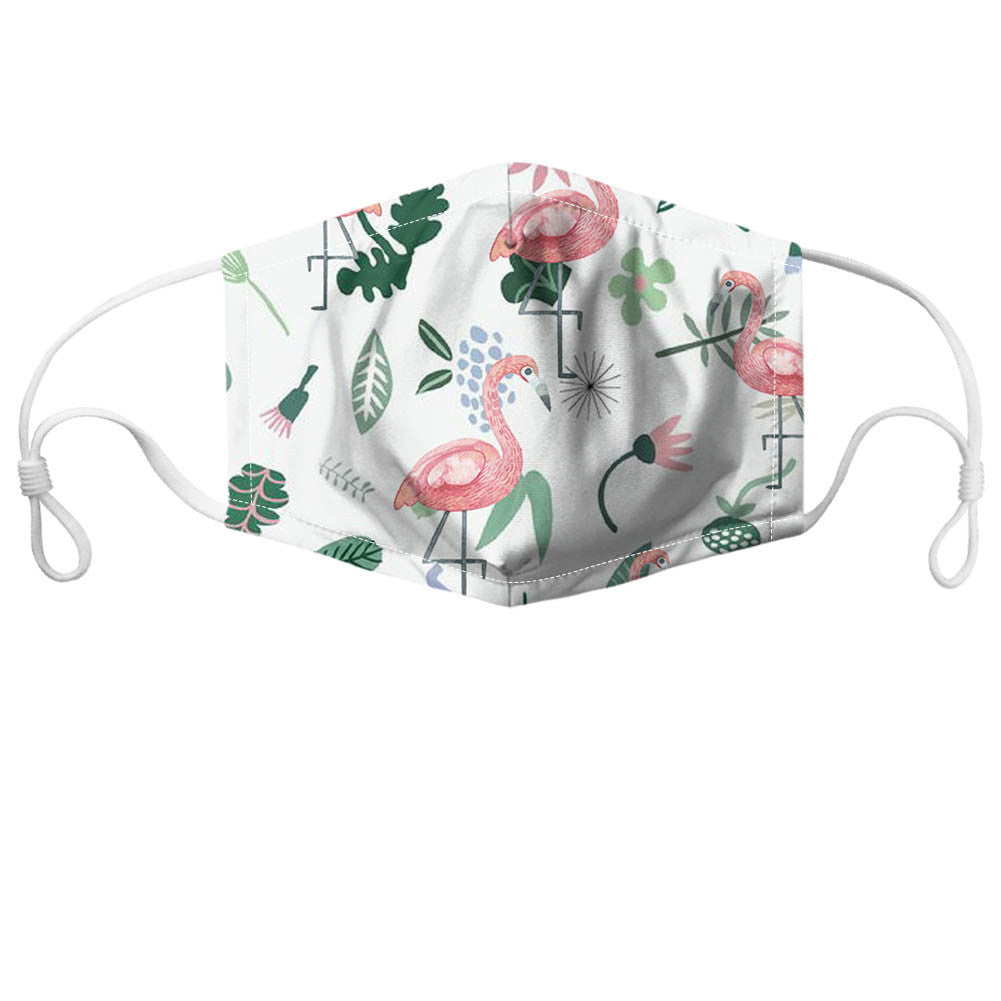 White reusable non-medical face mask with pink flamingos and green leaves
