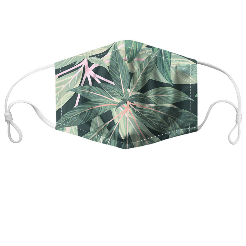 Green tropical leaf print face mask with white adjustable ear loops
