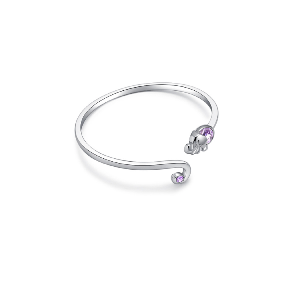 Rhodium Plated Elephant Bangle with Light Amethyst and Violet Swarovski Crystal