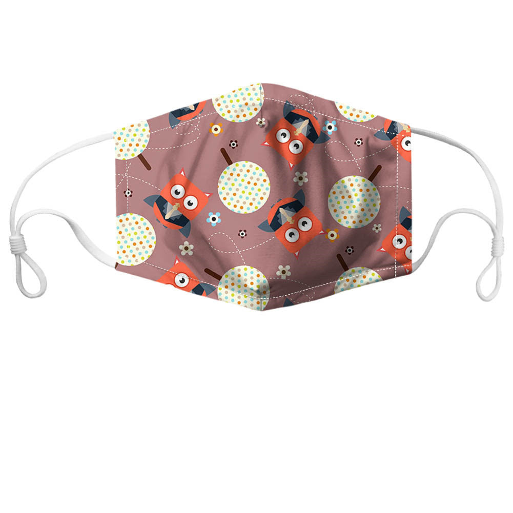 Reusable non-medical face mask with colorful owls and orange accents