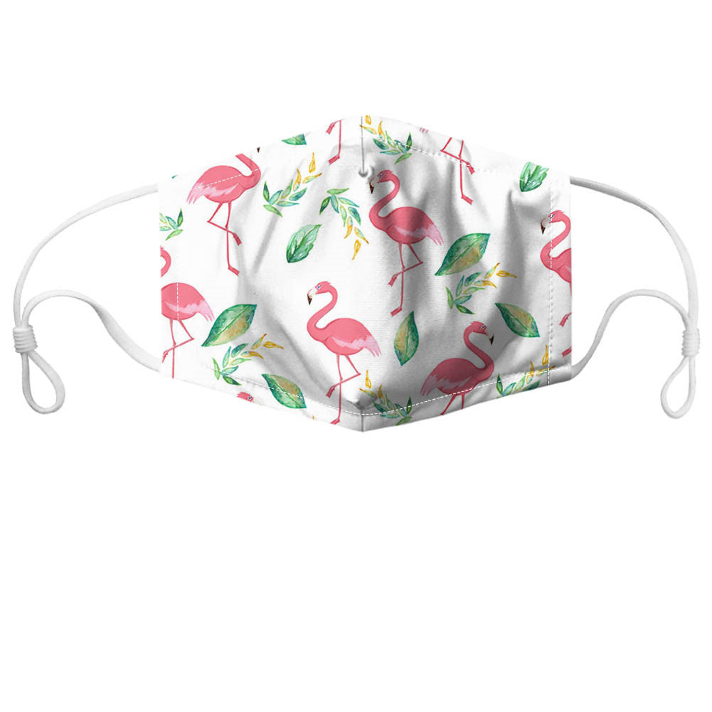 White reusable non-medical face mask with pink flamingos and tropical green leaves