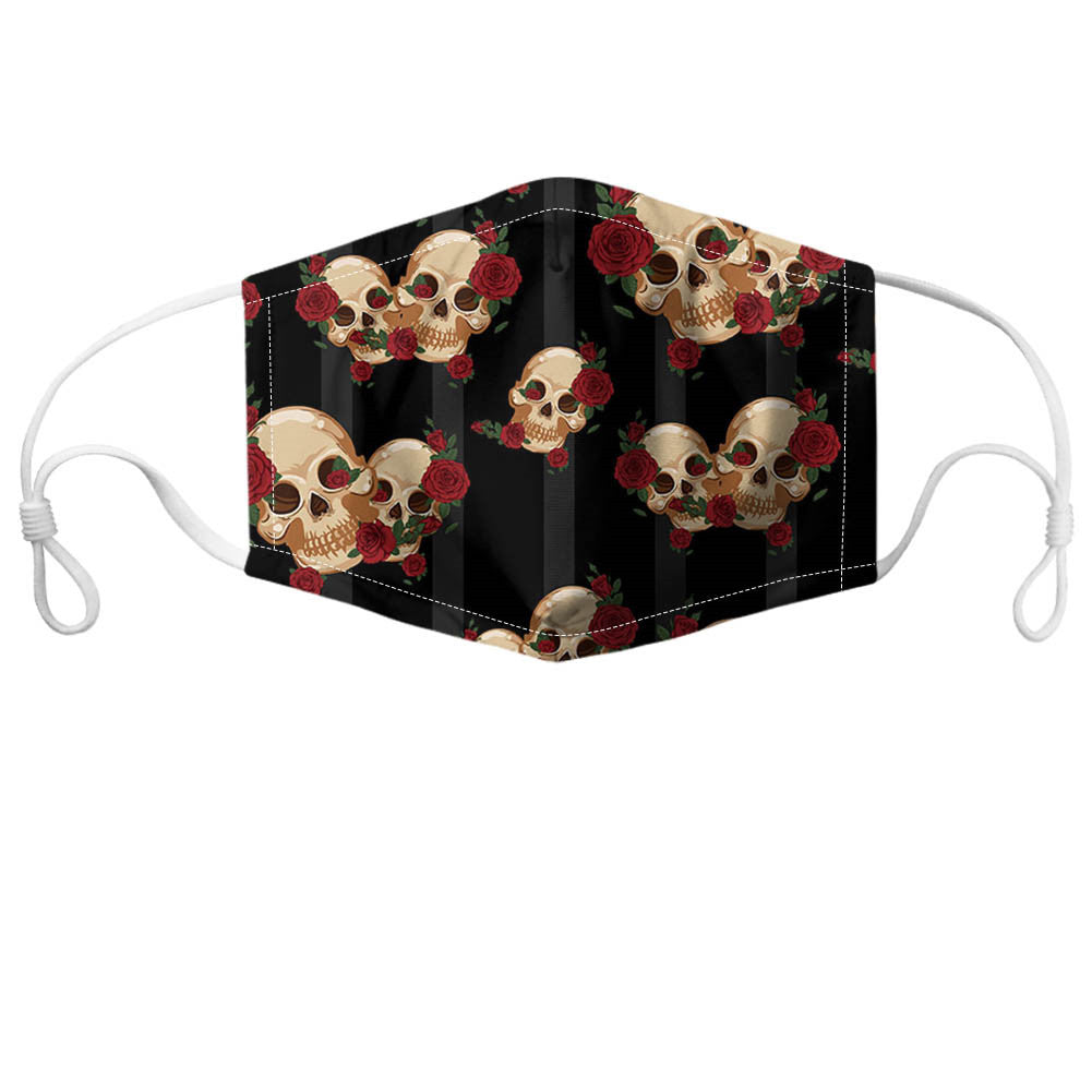 Black reusable non-medical face mask with skulls and red roses