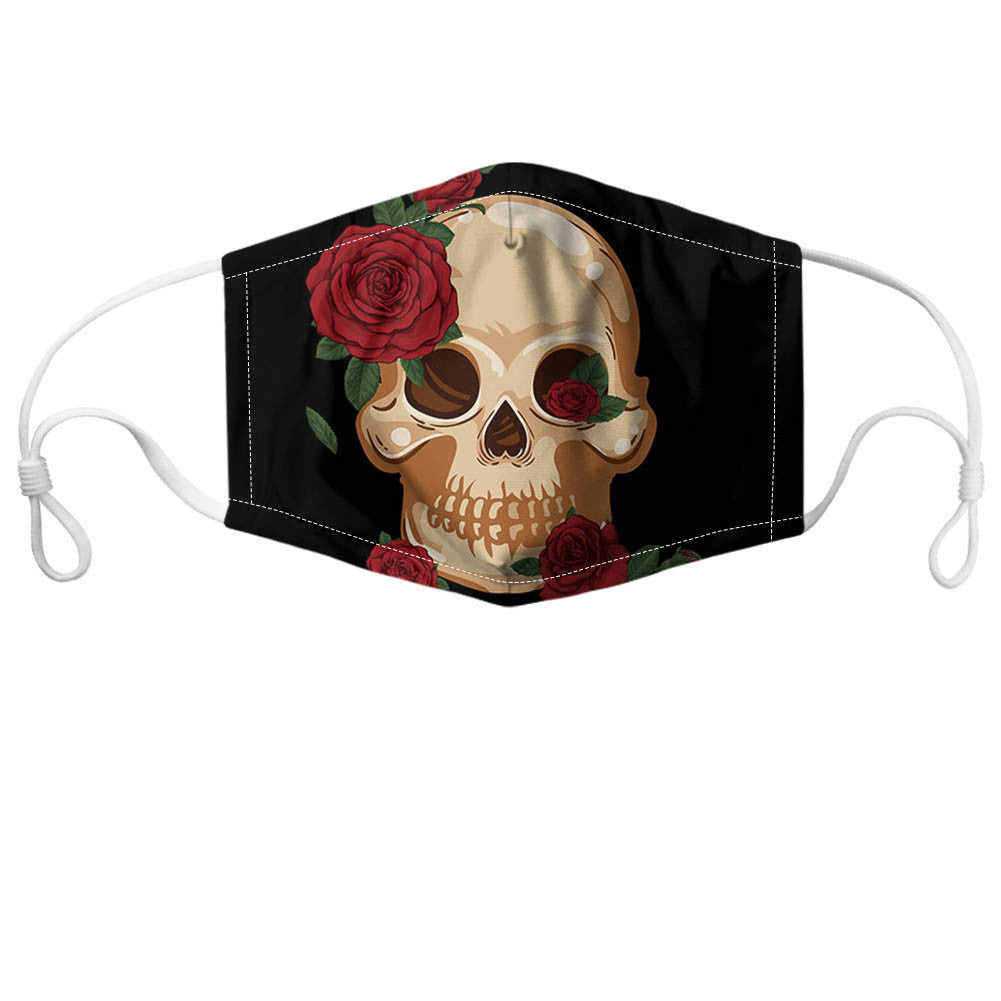 Black reusable non-medical face mask with a sugar skull and dark red rose