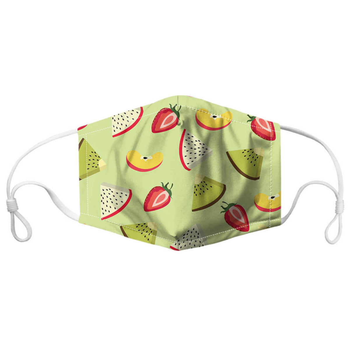 Green face mask with a colourful fruit slice print and white ear loops