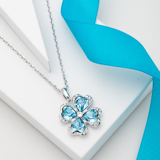 Aquamarine Four-leaf clover necklace with Swarovski crystals, clear finish, rhodium plated, adjustable chain, sparkling lucky design by callura