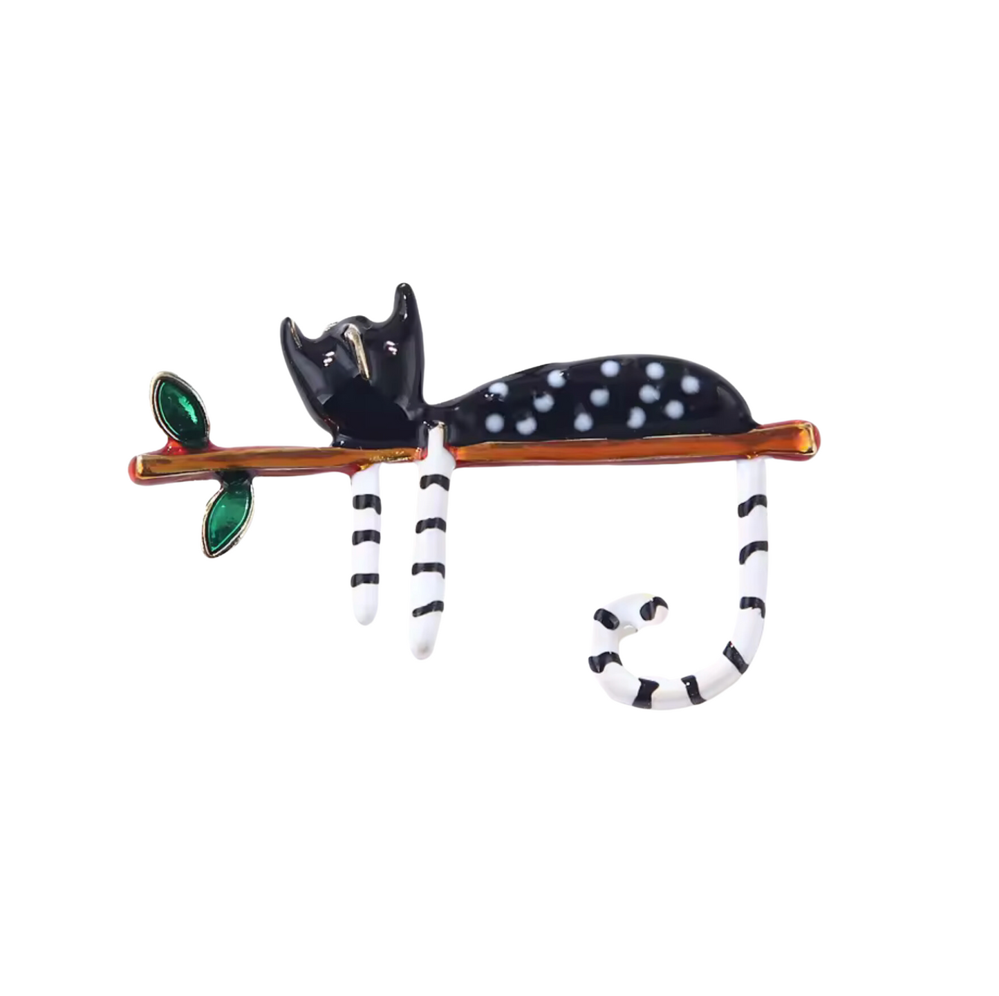 Black White Cat On A Branch Brooch