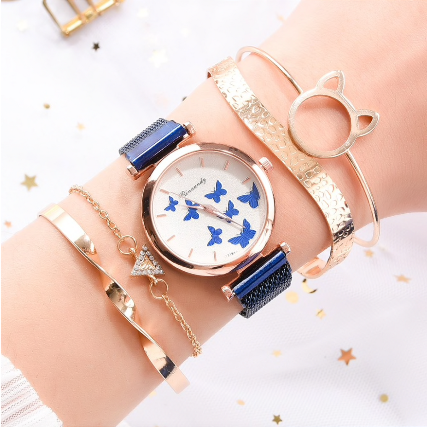 Crystal Rose Goldtone Butterfly Mesh-strap Watch Bracelet Set