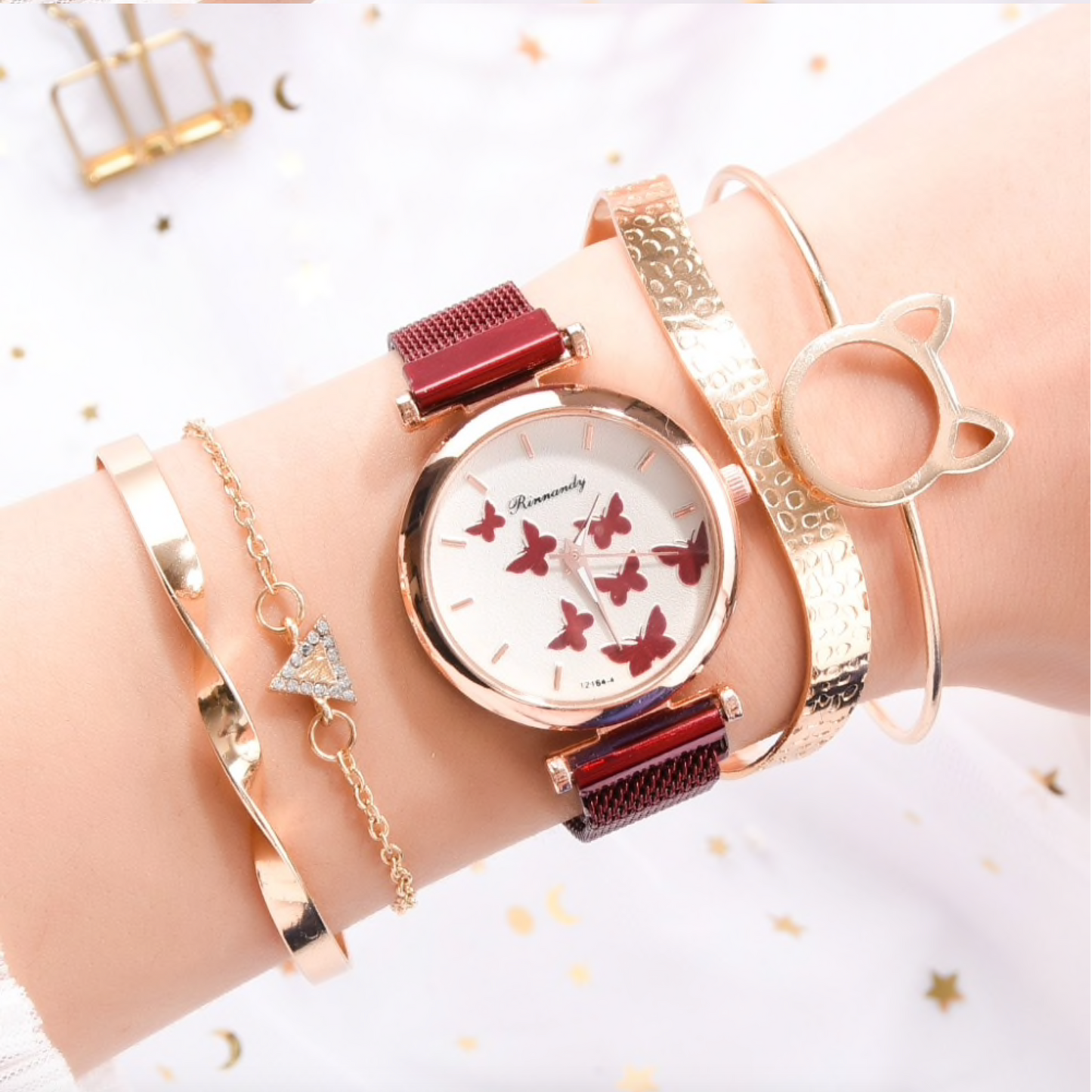 Crystal Rose Goldtone Butterfly Mesh-strap Watch Bracelet Set