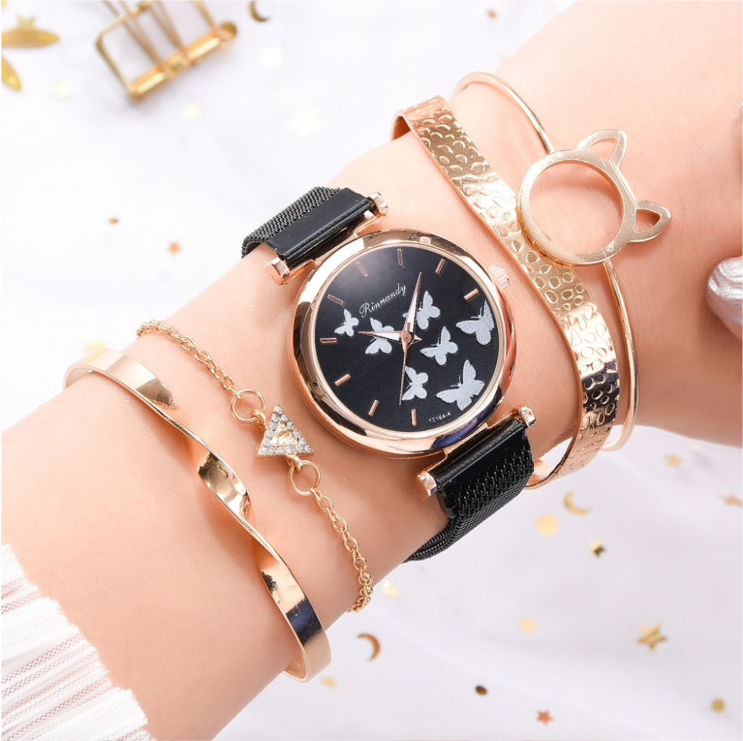 Crystal Rose Goldtone Butterfly Mesh-strap Watch Bracelet Set