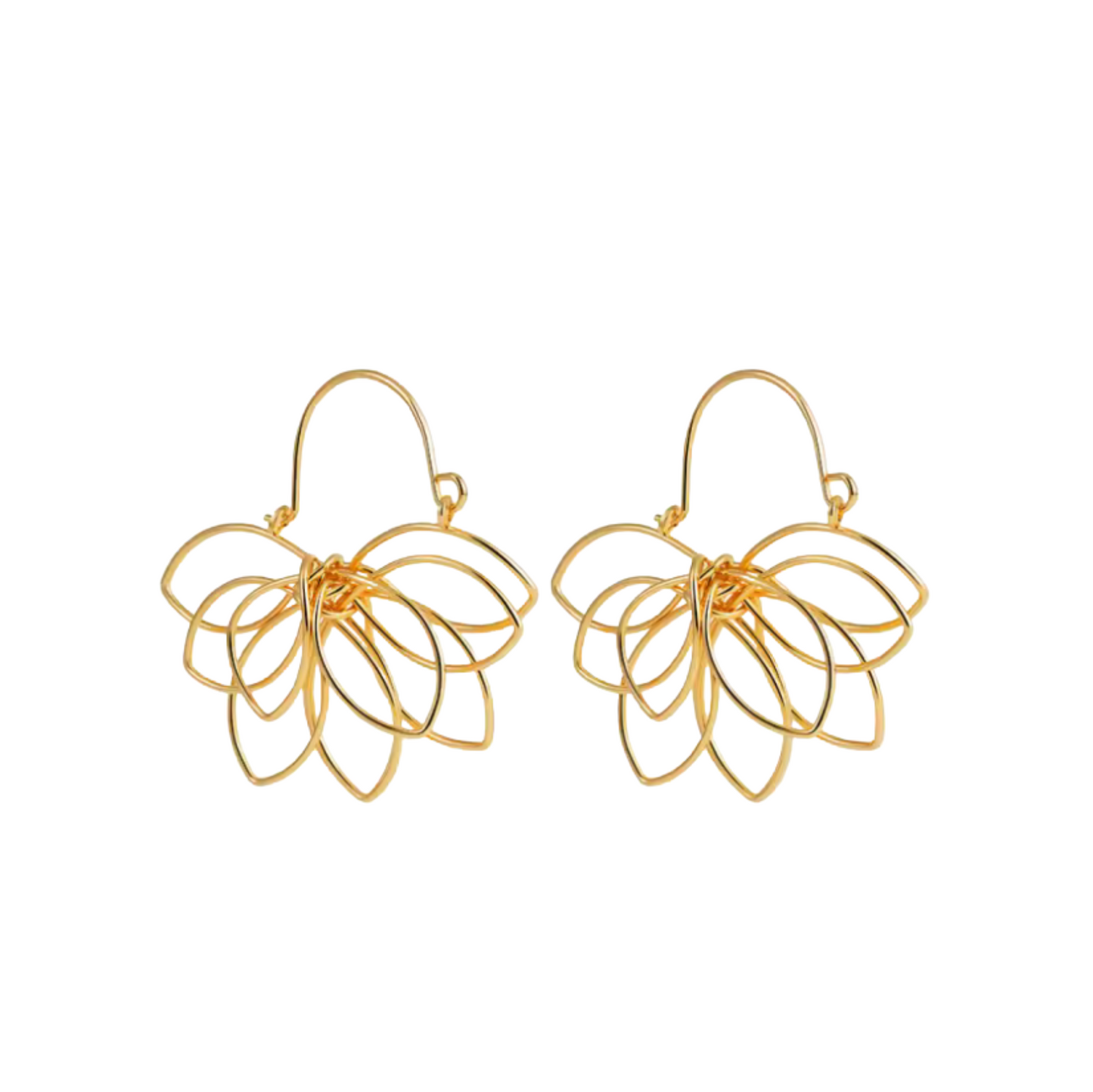 Pair of gold floral earrings on a white background