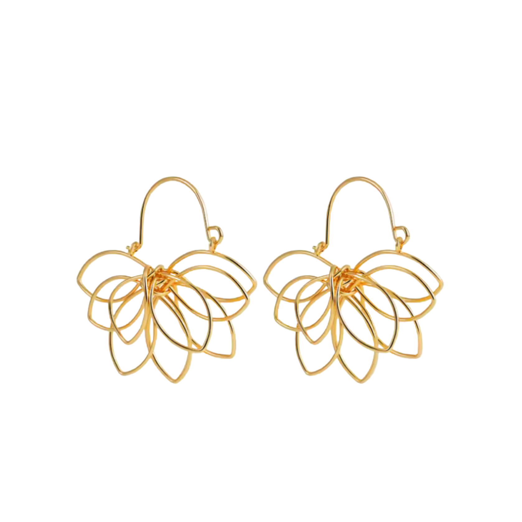 Pair of gold floral earrings on a white background