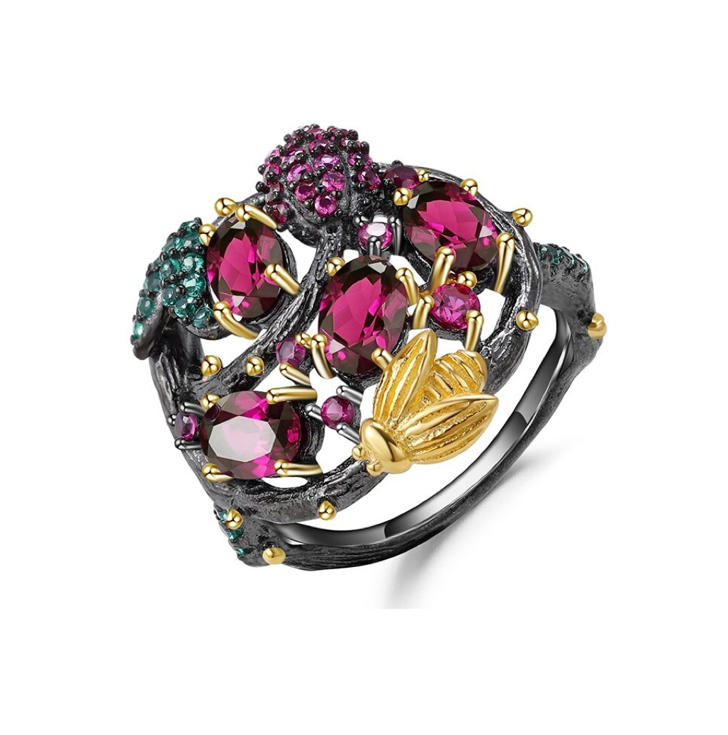 Black Pink Cubic Zirconia Floral Ring