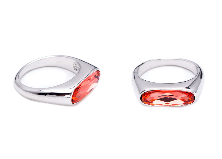 Rhodium Plated Geometric Oval Ring in Padparadcha