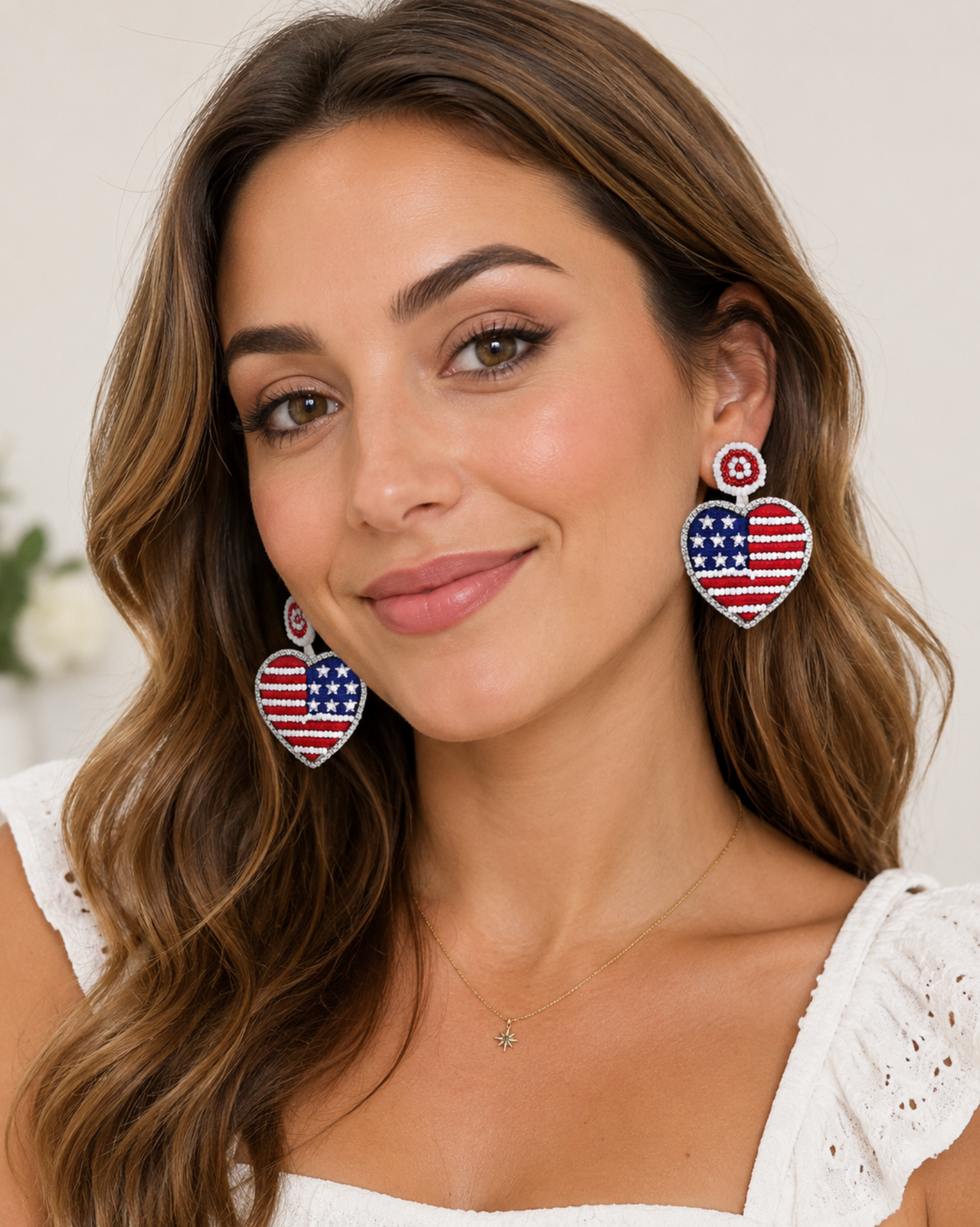 American Flag Beaded Heart Drop Earrings