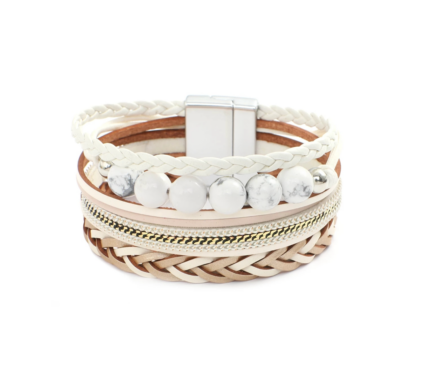 Goldtone Sand White Braided And Beaded Faux Leather Bracelet