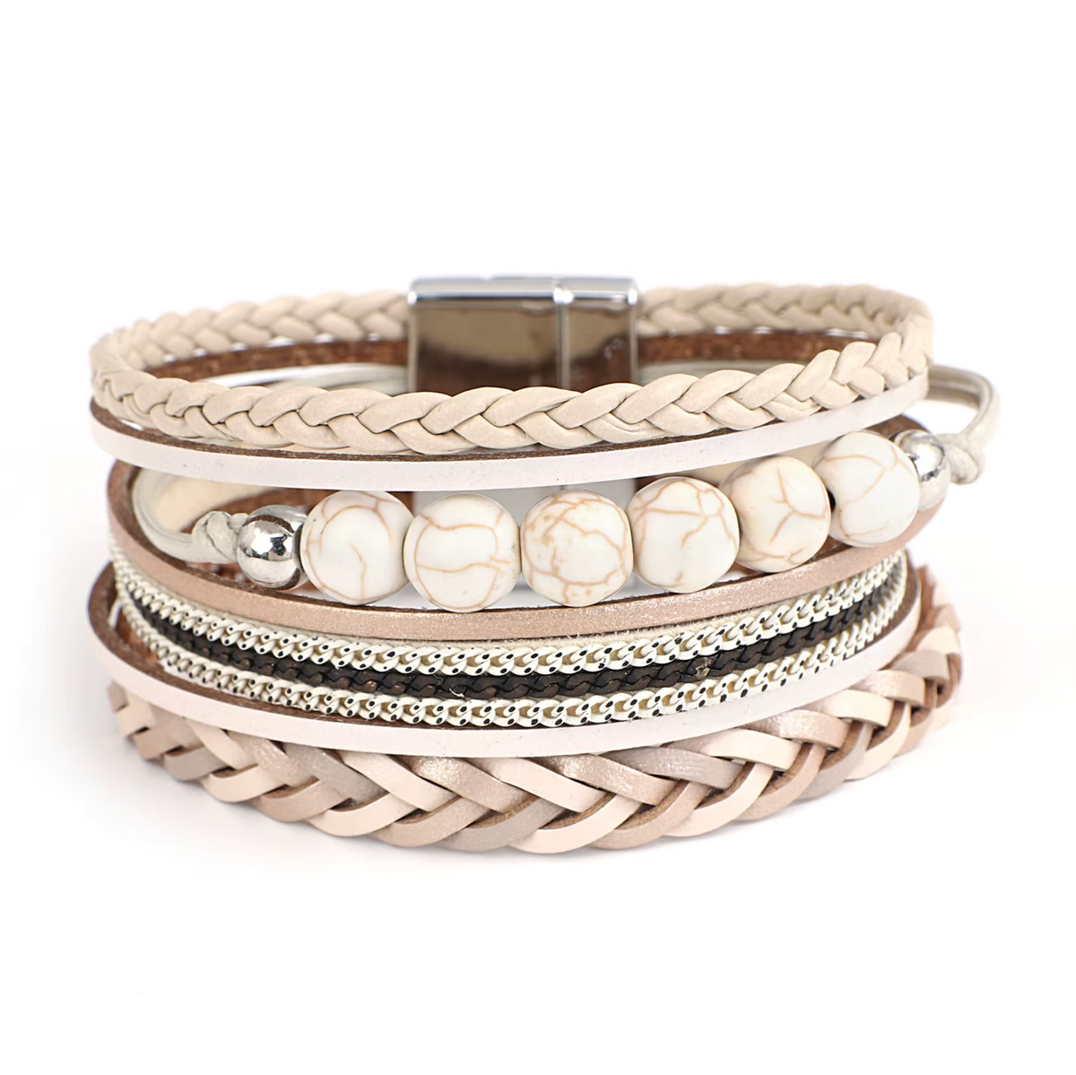 Front view of a sand and white braided faux leather bracelet with marbled beads