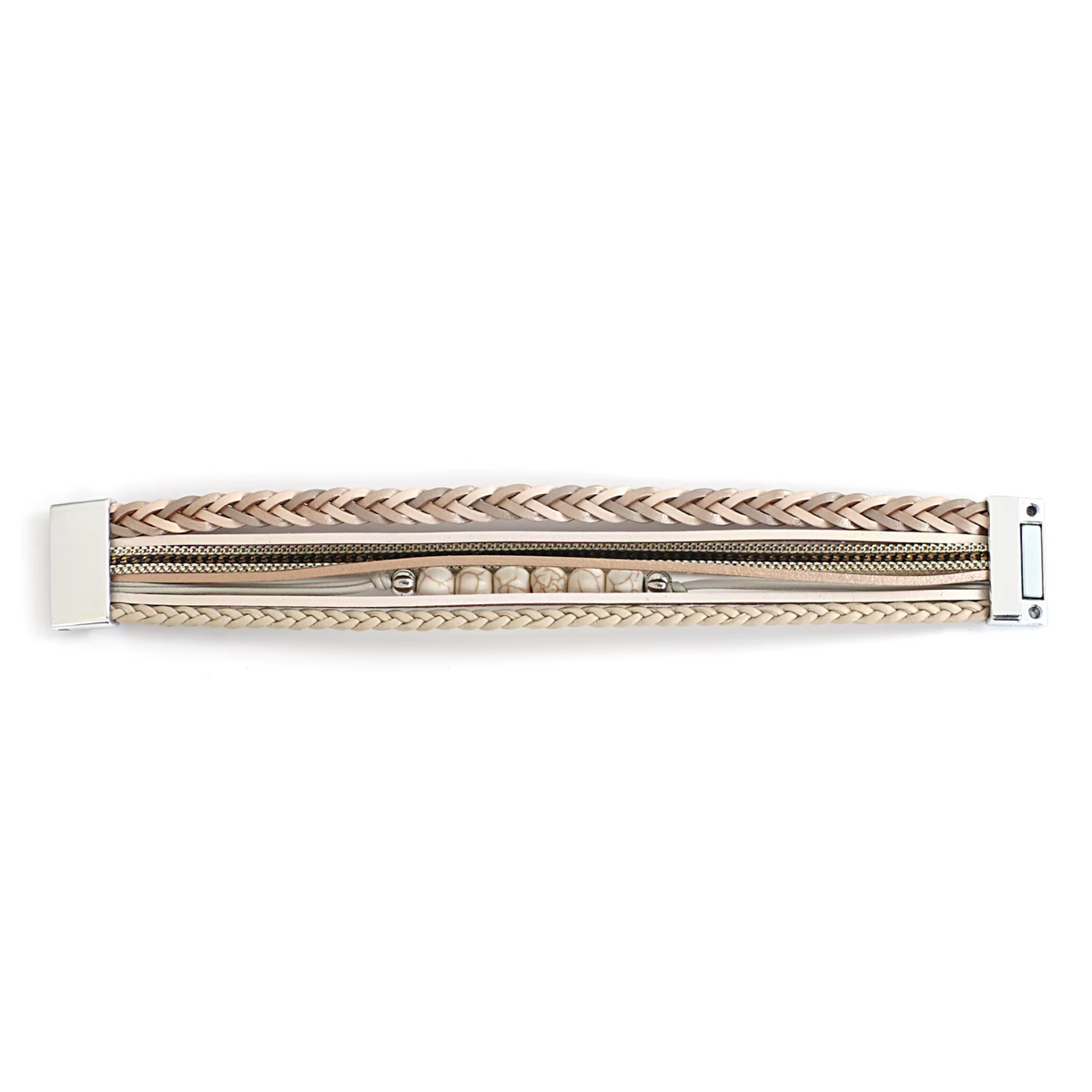 Sand and white beaded faux leather bracelet laid flat with its clasp visible