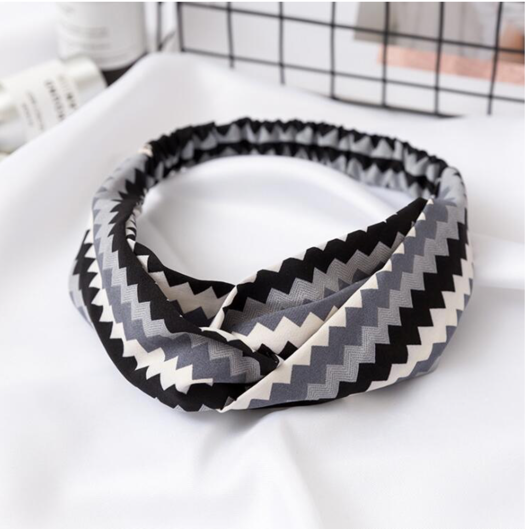 Black, white and grey chevron headband with a twisted front