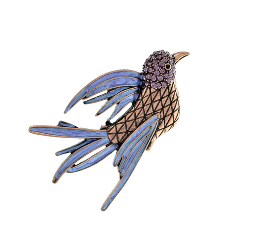 Purple Rhinestone Goldtone Flying Sparrow Brooch