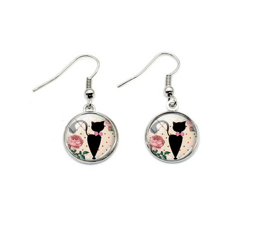 Black Cat With Pink Bowtie Circular Drop Earrings