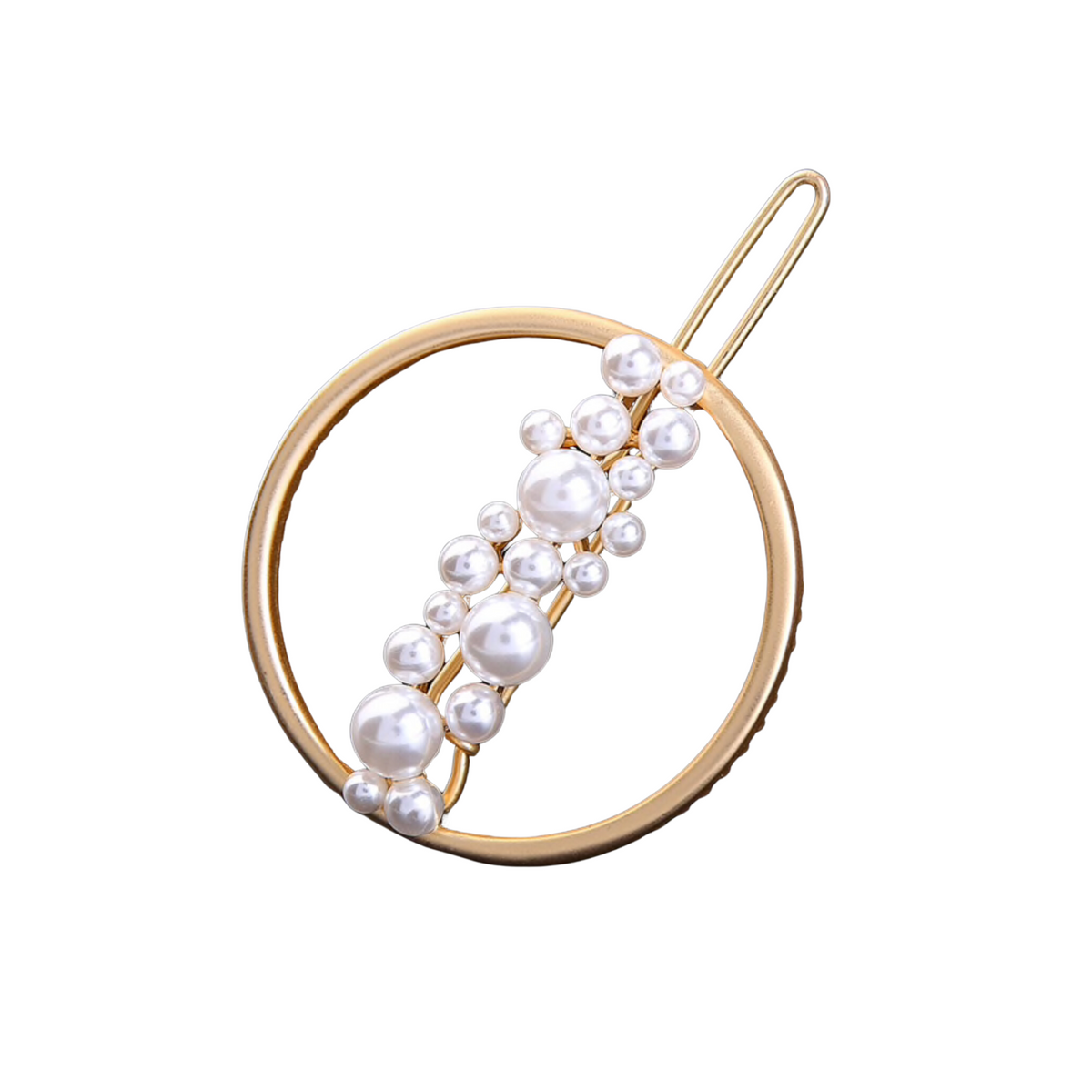 Gold-tone circular hair pin with clustered white faux pearls and clear crystals