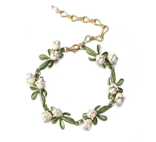 Green Leaves Pearl Flower Bracelet