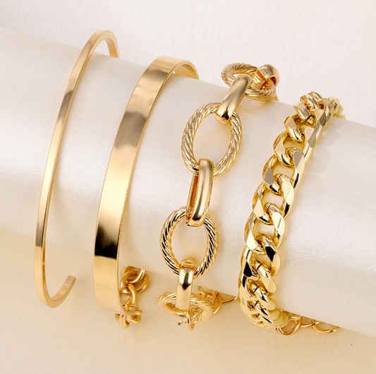 Goldtone Bangle Chunky Chain Bracelet Set