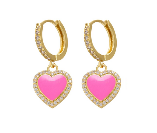 Goldtone Neon Crystal Heart Huggie Hoop Earrings