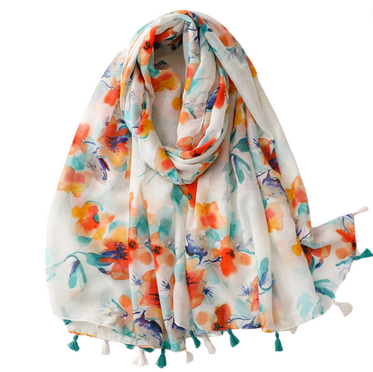 Watercolor Poppy and Floral Scarf with Tassels - Don't AsK