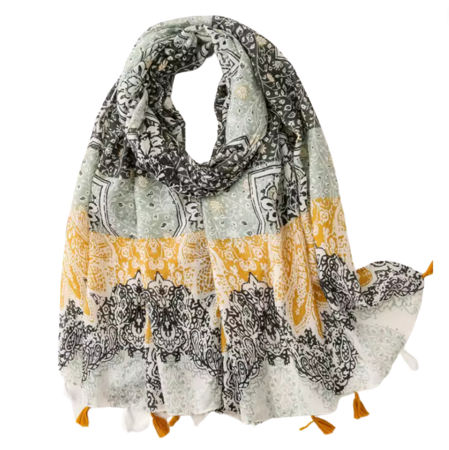 Paisley Lightweight Scarf with Tassels in Sage and Mustard