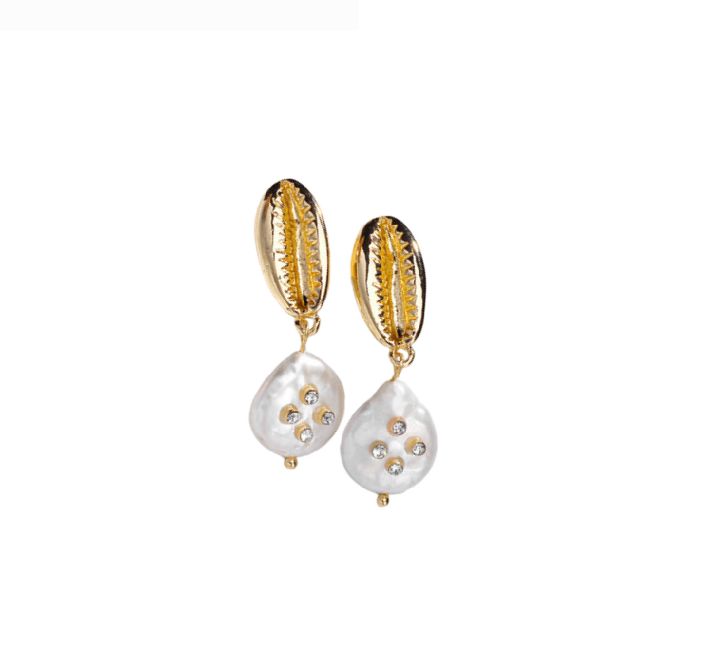 Gold Shell & Crystal Freshwater Pearl Drop Earrings