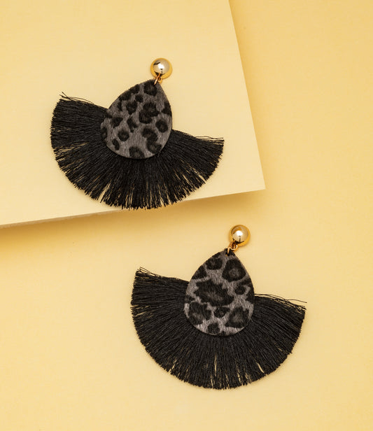 Black Cheetah Tasseled Teardrop Statement Earrings