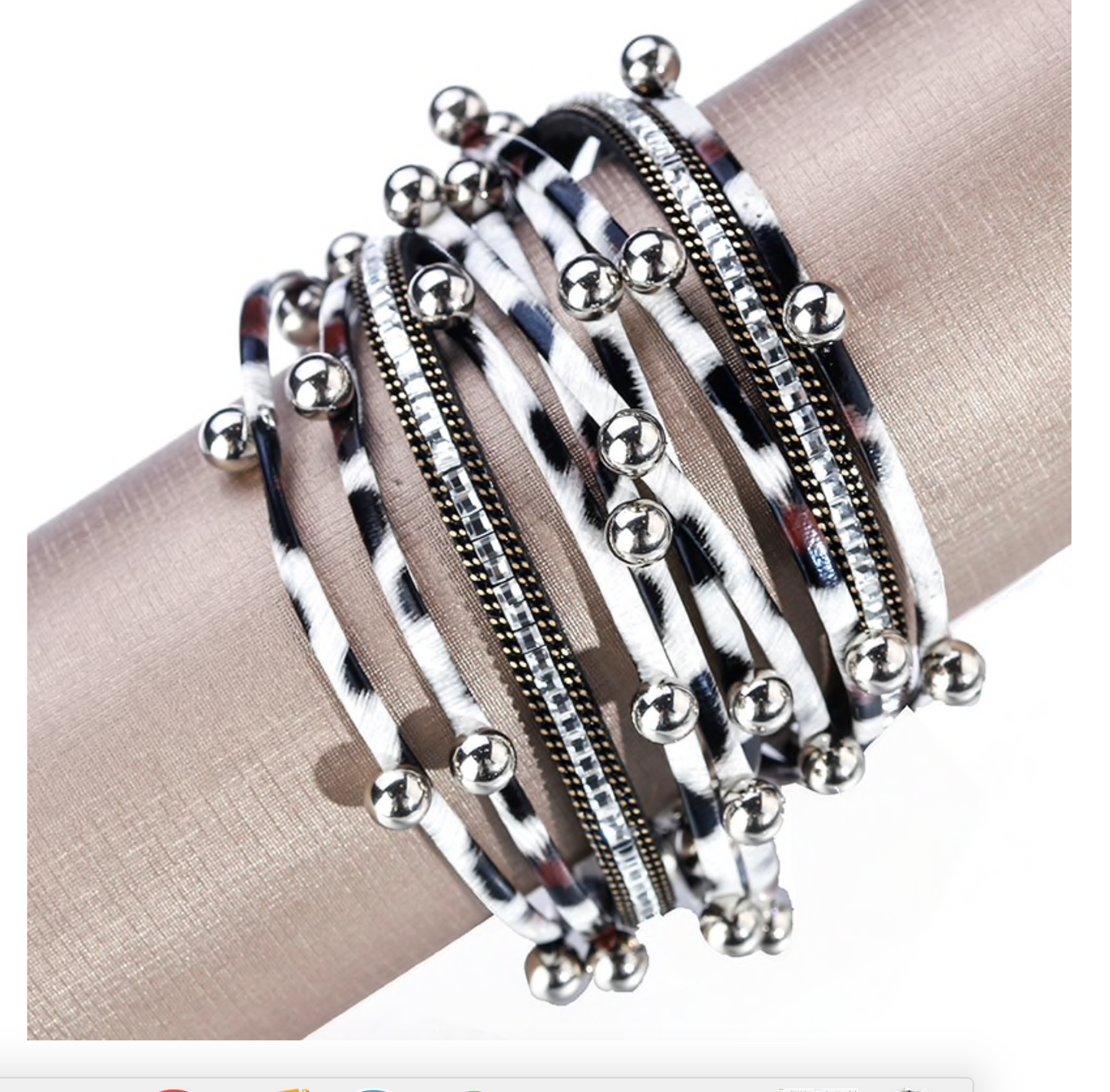 Black White Cheetah Silver Ball Faux Leather Multi-strand Bracelet
