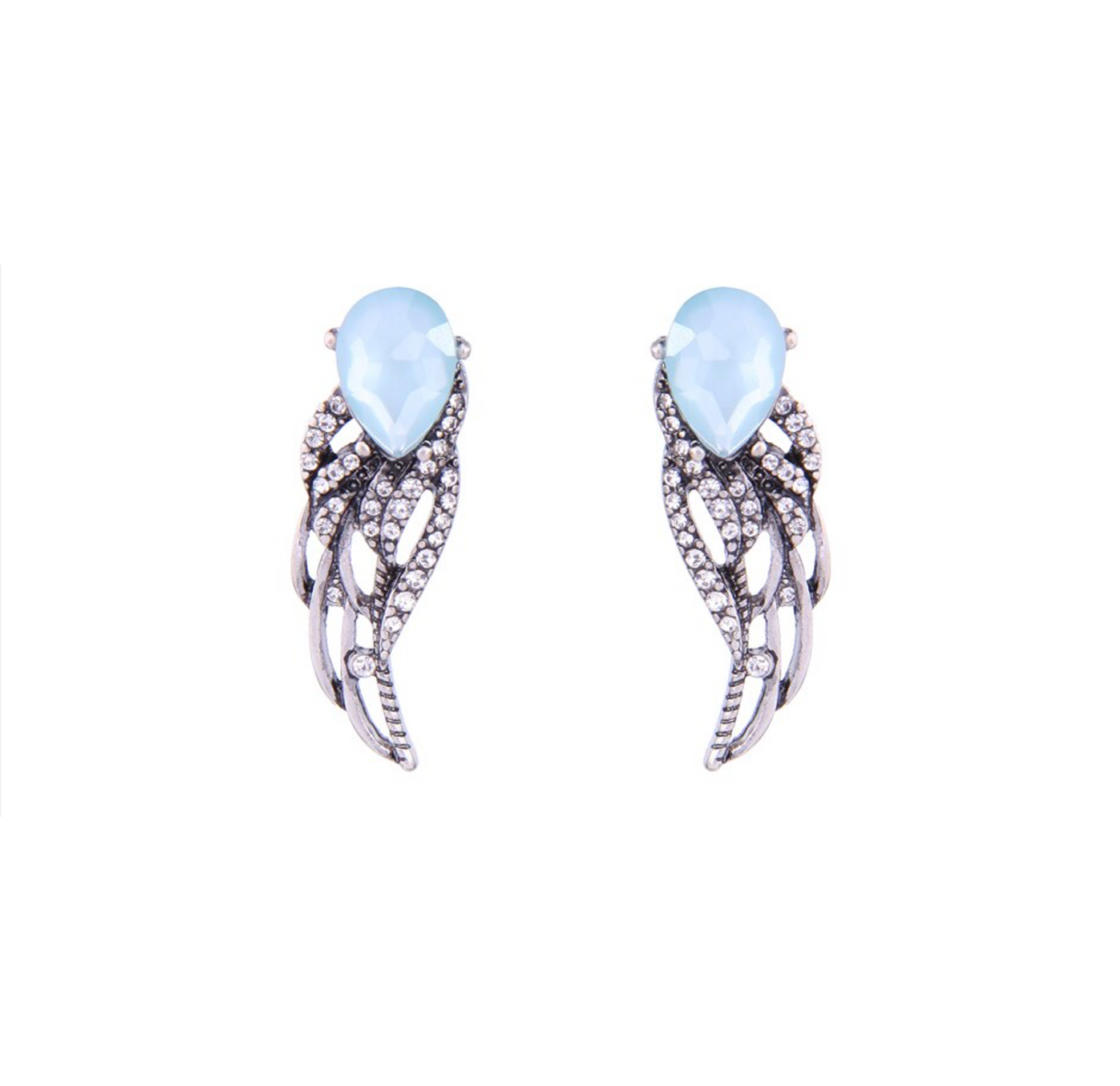 Blue Teardrop Pave Wing Stud Earrings