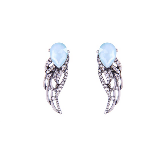 Blue Teardrop Pave Wing Stud Earrings