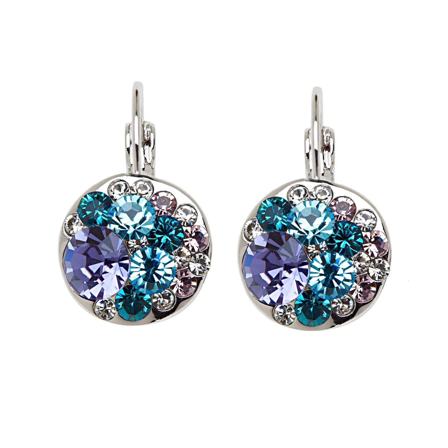 Sparkling multi-stone earrings with Swarovski crystals, rhodium plated, colorful cluster design by callura