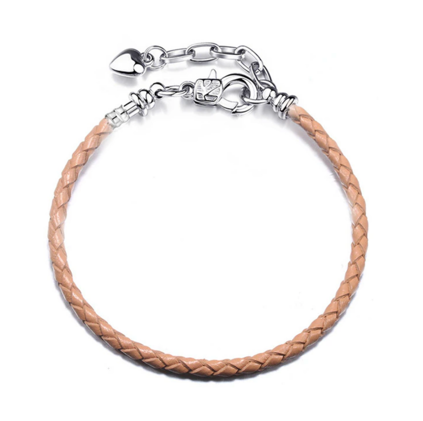 Silvertone Beige Braided Leather Charm Bracelet