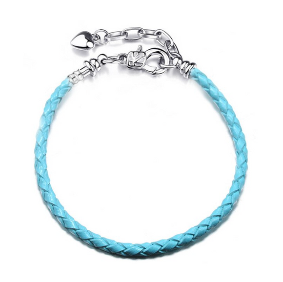 Silvertone Blue Braided Leather Charm Bracelet